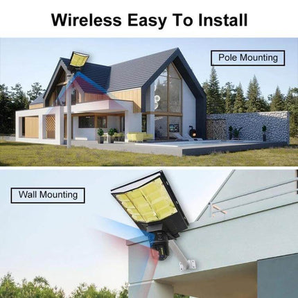 Outdoor Solar Street Light with HD Wireless Monitoring Camera mounted on house showing pole and wall mounting, solar panel and security camera