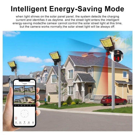 Outdoor Solar Street Light with HD Wireless Monitoring Camera mounted over suburban street showing solar panel, HD camera and mobile live view