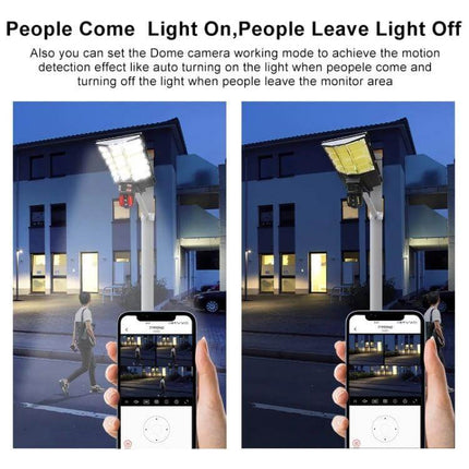 Outdoor Solar Street Light with HD Wireless Monitoring Camera showing motion-activated lighting and smartphone live feed at a residential entrance