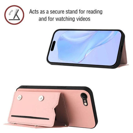 Phone Case With Card Slots For Daily Essentials shown in pink with wrist strap, card pocket and foldable stand for hands-free viewing