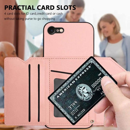 Phone Case With Card Slots For Daily Essentials pink wallet case with wrist strap holding credit card and ID, ideal for commuting and errands