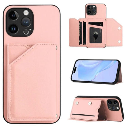 Phone Case With Card Slots For Daily Essentials pink leather wallet case with wrist strap, card pockets and stand view