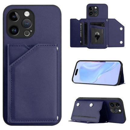 Phone Case With Card Slots For Daily Essentials - navy leather wallet back, detachable wrist strap, stand function, phone protection