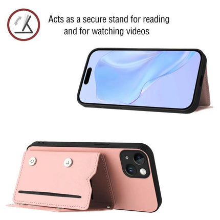 Phone Case With Card Slot For Everyday Essentials shown in pink acting as a secure stand for reading and watching videos, with card slots and magnetic closure