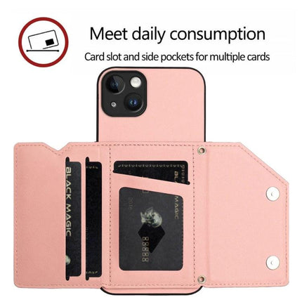 Phone Case With Card Slot For Everyday Essentials shown open in pink with multiple card slots, side pockets, magnetic closure and wrist strap option