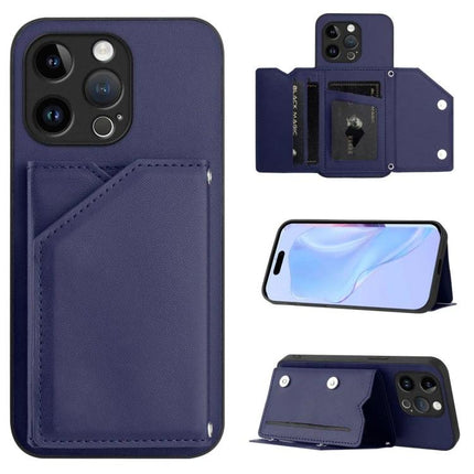 Phone Case With Card Slot For Everyday Essentials showing navy leather card pocket, magnetic closure, detachable wrist strap and stand function