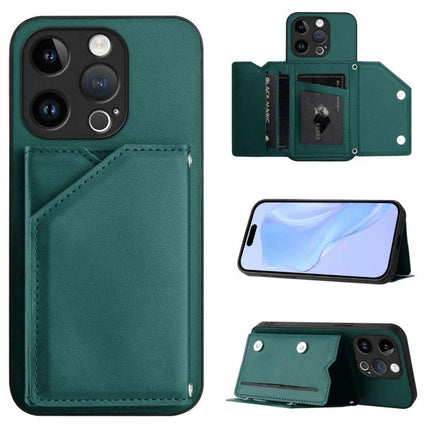 Phone Case With Card Holder For Daily Essentials in green leather-style design showing card slots, wallet flap and phone stand functionality
