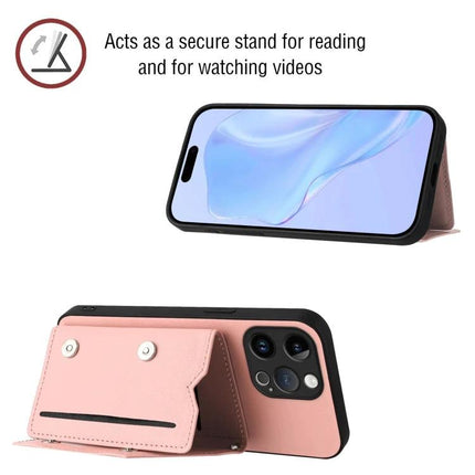 Phone Case With Card Holder For Daily Essentials shown in pink acting as secure stand for reading and watching videos
