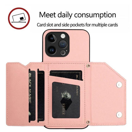 Phone Case With Card Holder For Daily Essentials shown in pink with multiple card slots and secure snap closure