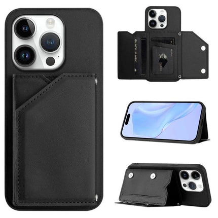 Compact Phone Case With Card Holder For Daily Essentials in black leather, wallet slots and kickstand for iPhone