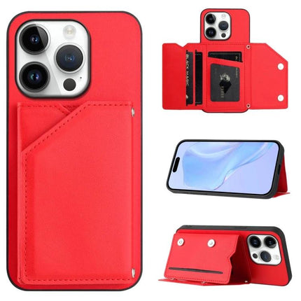Compact Phone Case With Card Holder For Daily Essentials in red leather showing card slots, kickstand and protective camera cutout