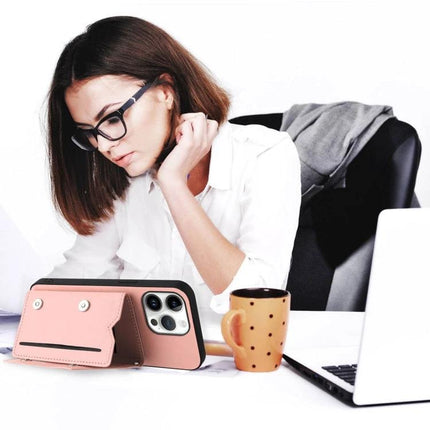 Compact Phone Case With Card Holder For Daily Essentials shown propped next to a woman working at her desk with a coffee mug and laptop