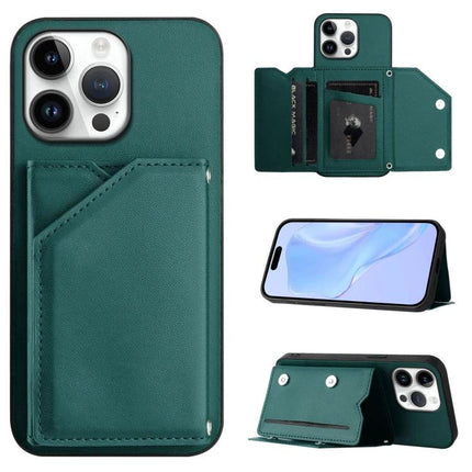 Compact Phone Case With Card Holder For Daily Essentials in green leather-style wallet case showing card slots and kickstand