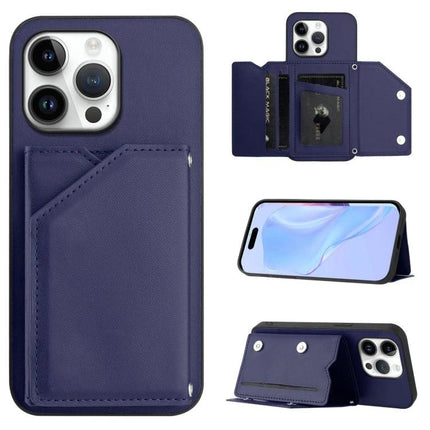 Compact Phone Case With Card Holder For Daily Essentials in navy leather showing card slots, ID window and stand functionality
