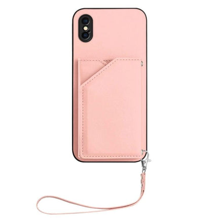 IPhone Case With Card Slots in pink wallet-style design with card pocket and wrist strap