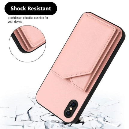 IPhone Case With Card Slots and wrist strap, pink shock-resistant wallet-style phone case showing card pocket and camera cutout