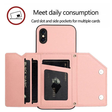 Pink iPhone Case With Card Slots wallet-style cover showing multiple card pockets, ID window and wrist-strap-ready design