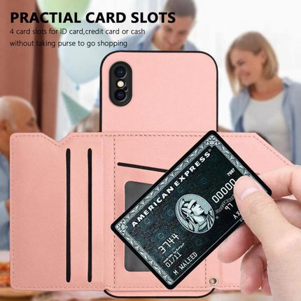 IPhone Case With Card Slots wallet-style pink case with wrist strap showing card being inserted