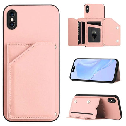 Pink leather IPhone Case With Card Slots and wrist strap wallet, card pocket, kickstand view