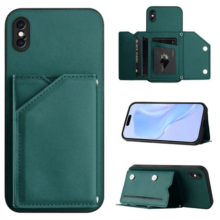 Green leather IPhone Case With Card Slots and wrist strap, wallet-style phone cover with card pocket and stand