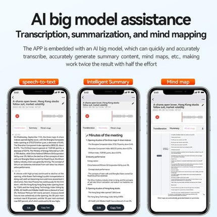 Versatile voice recorder pen for daily meetings and notes showing app transcription, AI summarization, and Bluetooth syncing on smartphone screens