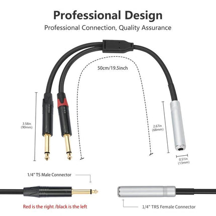 Essential Y-Splitter Cable for Home Audio Connections with aluminum alloy shell, 1/4" TRS female to dual 1/4" TS male cables, 50cm