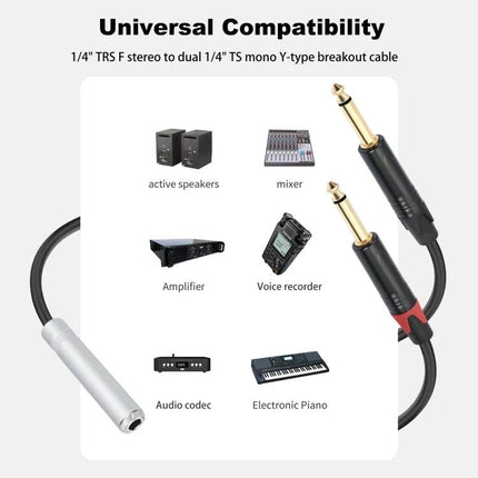 Essential Y-Splitter Cable for Home Audio Connections - aluminum alloy shell 1/4" TRS to dual 1/4" TS for mixers, active speakers, amplifiers (compact)