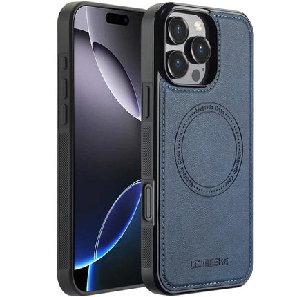 LC IMEEKE iPhone Case For Daily Protection During Commute And Everyday Tasks At Home showing navy leather-look protective cover with camera cutout and wireless charging support