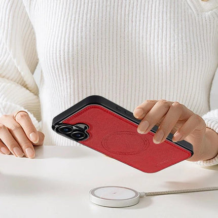 LC.IMEEKE Phone Case for Daily iPhone Protection While Commuting and On the Go Everyday - red PU leather with TPU shell shown being held over wireless charger