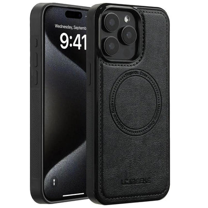 LC.IMEEKE Phone Case for Everyday iPhone Protection - black PU leather dual-layer case with TPU shell, slim daily protection and MagSafe-style ring
