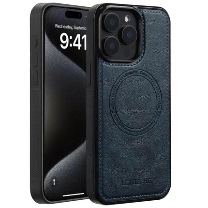 LC.IMEEKE Phone Case for Everyday iPhone Protection - navy PU leather exterior with thick TPU inner shell, slim dual-layer bumper and camera protection