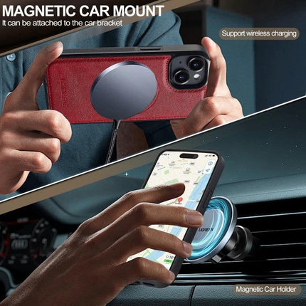 LC.IMEEKE Phone Case for Everyday iPhone Protection showing red PU leather case on magnetic car mount with seamless access and thin dual-layer design