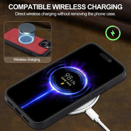LC.IMEEKE Phone Case for Everyday iPhone Protection showing wireless charging compatibility with PU leather exterior and TPU inner shell
