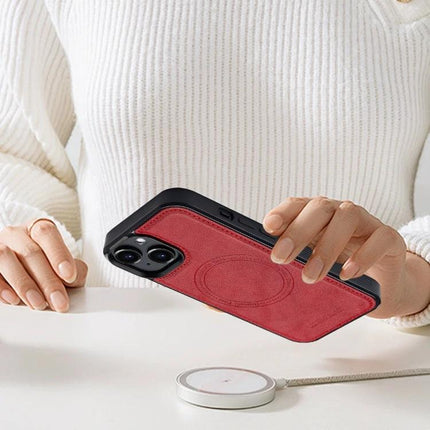 LC.IMEEKE Phone Case for Everyday iPhone Protection — red PU leather dual-layer case shown in hand, slim TPU inner shell, MagSafe compatible