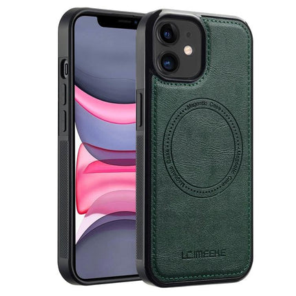 LC.IMEEKE Leather Like MagSafe Case For Everyday iPhone in dark green PU leather with MagSafe ring and TPU bumper for everyday protection