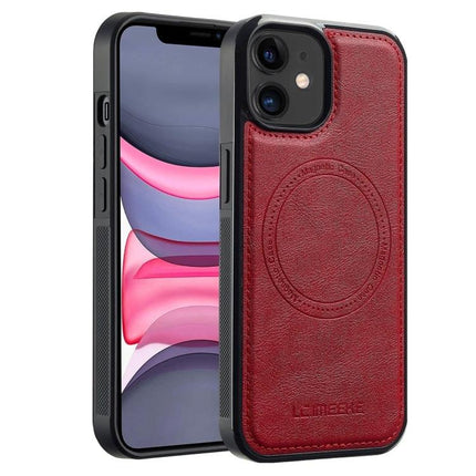 LC.IMEEKE Leather Like MagSafe Case For Everyday iPhone in red PU leather with MagSafe ring and black TPU frame