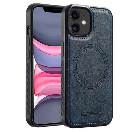 LC.IMEEKE Leather Like MagSafe Case For Everyday iPhone in navy PU leather with MagSafe ring and raised camera protection