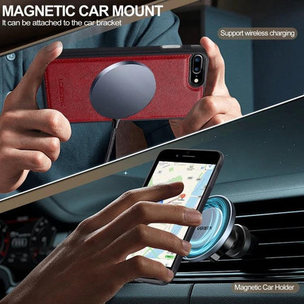 LC.IMEEKE MagSafe Phone Case for Everyday iPhone Protection showing PU leather case on magnetic car mount supporting wireless charging