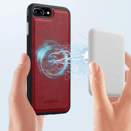 LC.IMEEKE Leather Like MagSafe Case For Everyday iPhone in red PU leather showing MagSafe charging connection and TPU protection