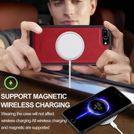 LC.IMEEKE Leather Like MagSafe Case For Everyday iPhone in red showing MagSafe wireless charging support