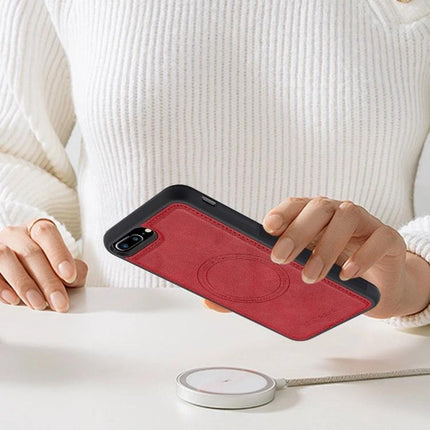 LC.IMEEKE iPhone Case For Daily Protection With PU Leather And TPU in red with thick TPU inner shell shown in hand