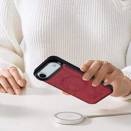 LC IMEEKE iPhone Case For Daily Protection During Commute And Everyday Tasks At Home - red leather-style protective case on iPhone supporting wireless charging