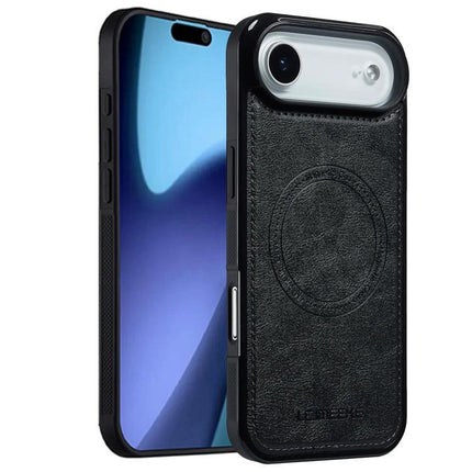 LC IMEEKE iPhone Case For Daily Protection During Commute And Everyday Tasks At Home - black leather slim protective case with MagSafe circle