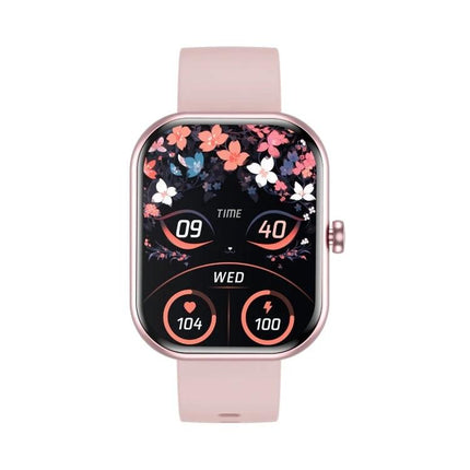 Daily Wrist Companion for Health Monitoring in Daily Life - pink smartwatch showing heart rate, steps, distance and notifications on floral watch face