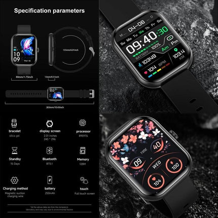 Daily Wrist Companion for Health Monitoring in Daily Life - sleek smartwatch showing heart rate, steps, distance and notification reminders on black strap