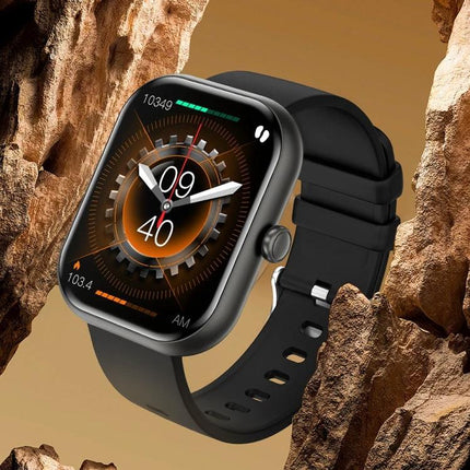 Daily Wrist Companion for Health Monitoring in Daily Life black smartwatch showing step count, heart rate and activity tracking on rugged background
