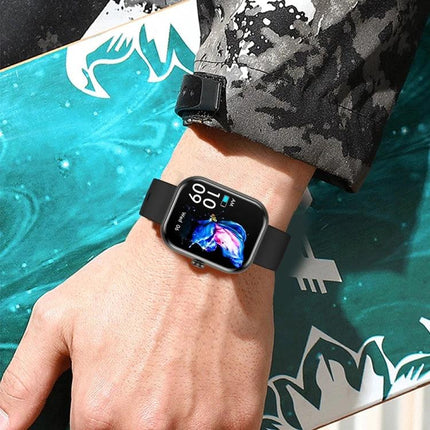 Daily Wrist Companion for Health Monitoring in Daily Life showing black smartwatch on wrist tracking heart rate, steps, and notifications