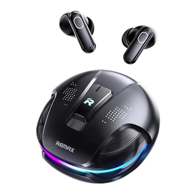 REMAX Wireless Gaming Earbuds With Noise Cancellation For Commuting black earbuds and charging case with RGB lighting