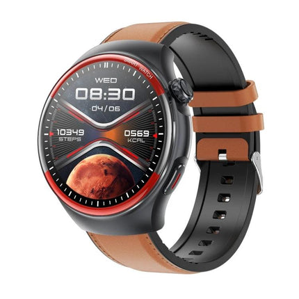 Smart Watch for Everyday Health and Activity Monitoring - round touchscreen smartwatch with brown leather strap showing heart rate, steps, and sleep tracking