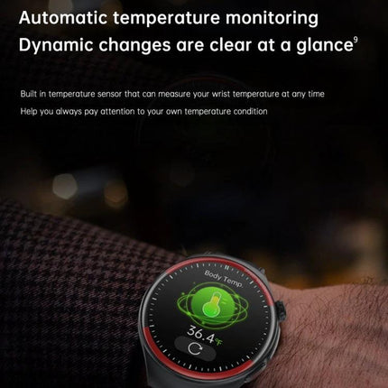 Smart Watch for Everyday Health and Activity Monitoring - wrist temperature monitoring watch displaying 36.4°C body temp on circular screen